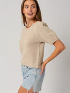 Brown Sugar Oatmeal Puff Sleeve Textured Sweater Top-Women's Clothing-Shop Z & Joxa