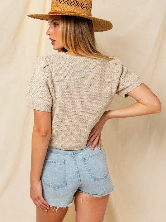 Brown Sugar Oatmeal Puff Sleeve Textured Sweater Top-Women's Clothing-Shop Z & Joxa