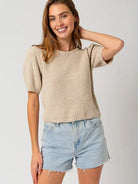 Brown Sugar Oatmeal Puff Sleeve Textured Sweater Top-Women's Clothing-Shop Z & Joxa