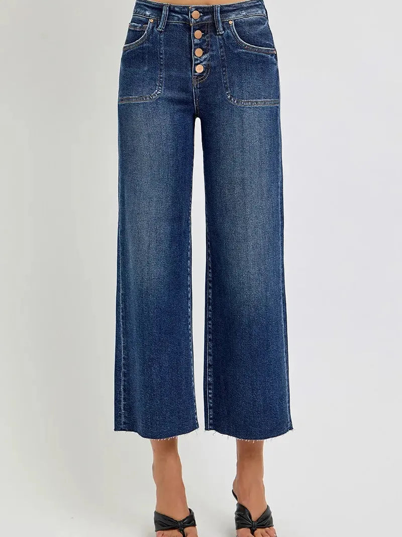 Buttoned Up: Risen High-Waist Wide-Leg Cropped Jeans-Women's Jeans-Shop Z & Joxa