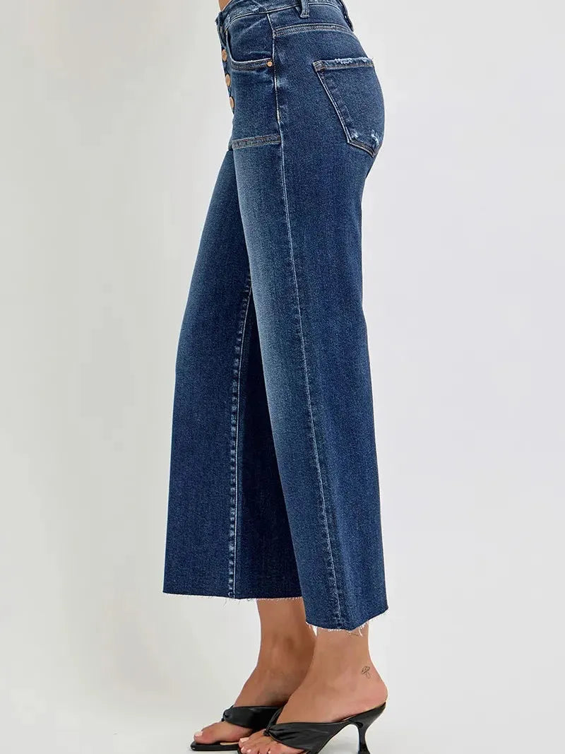 Buttoned Up: Risen High-Waist Wide-Leg Cropped Jeans-Women's Jeans-Shop Z & Joxa