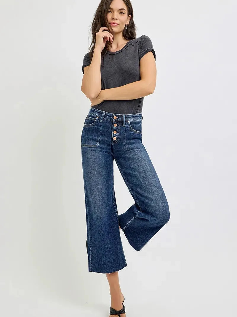 Buttoned Up: Risen High-Waist Wide-Leg Cropped Jeans-Women's Jeans-Shop Z & Joxa