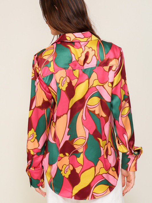 Captivating Style Retro Print Satin Blouse-Women's Clothing-Shop Z & Joxa