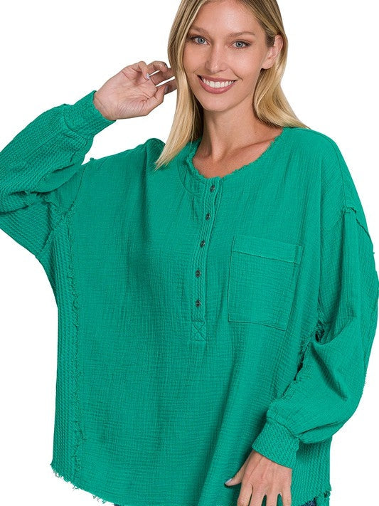 Catch the Style Wave Oversized Long Sleeve Gauze Top-Women's Clothing-Shop Z & Joxa