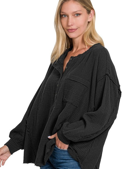 Catch the Style Wave Oversized Long Sleeve Gauze Top-Women's Clothing-Shop Z & Joxa