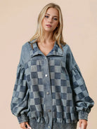 Caught You Looking Checkered Long Sleeve Oversized Denim Jacket-Coats & Jackets-Shop Z & Joxa