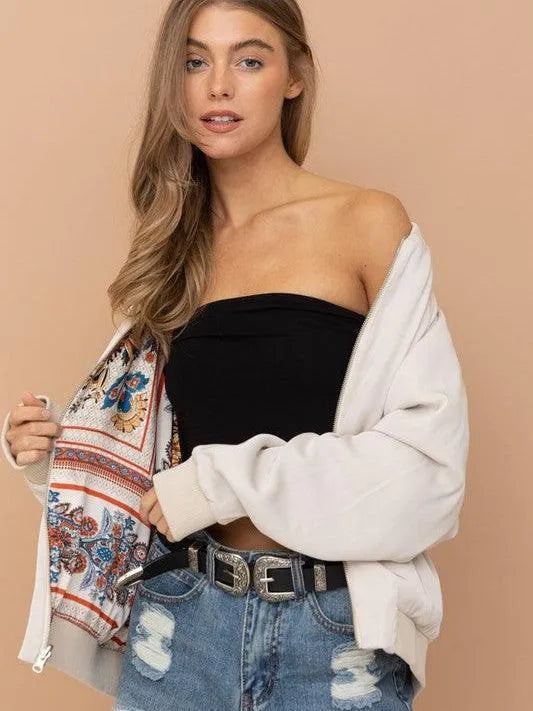 Champagne + Paisley Too Reversible Satin Bomber Jacket-Women's Outerwear-Shop Z & Joxa