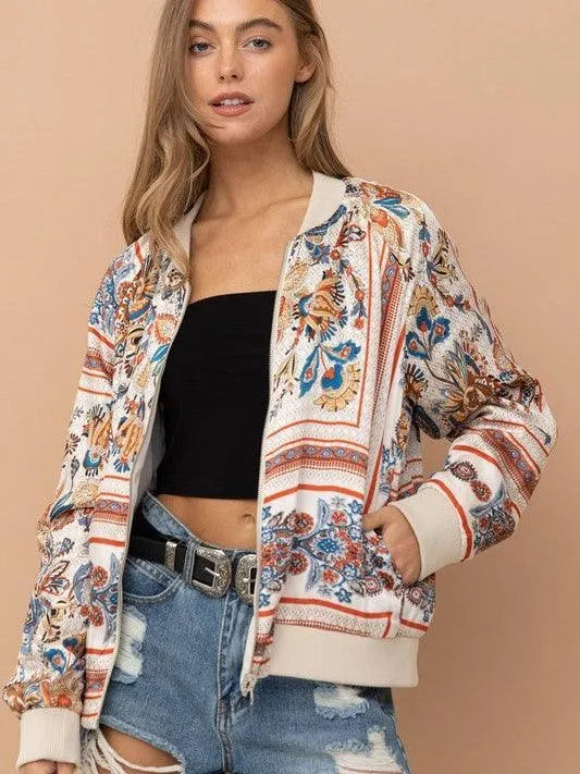 Champagne + Paisley Too Reversible Satin Bomber Jacket-Women's Outerwear-Shop Z & Joxa