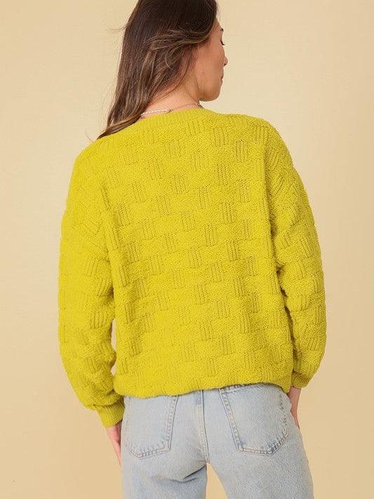 Chartreuse Basket Weave Long Sleeve Sweater-Women's Clothing-Shop Z & Joxa