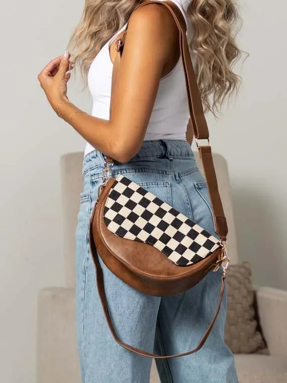 Checked & Chic Mixed Media Convertible Saddle Shoulder Crossbody Bag-Women's Accessories-Shop Z & Joxa