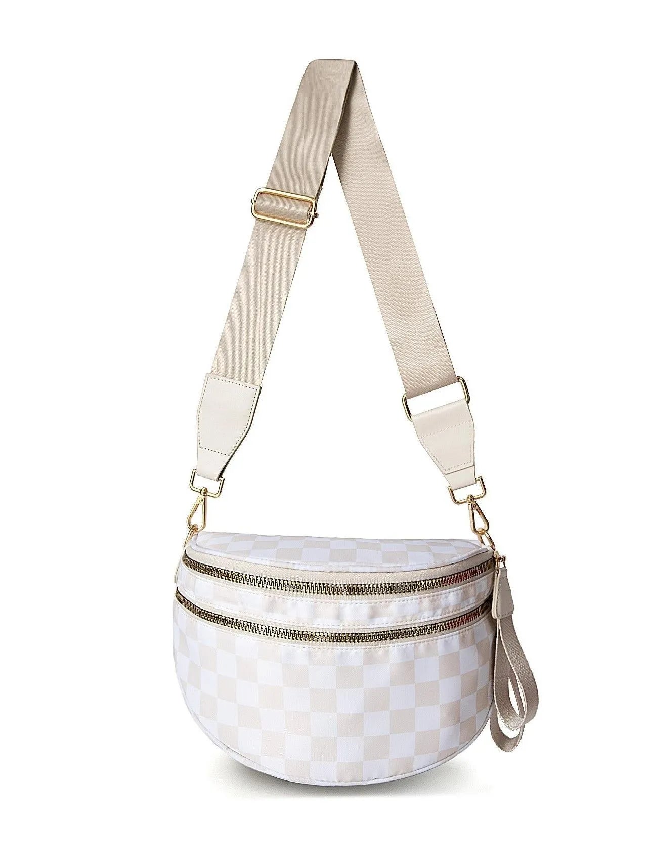 Checked In Oversize Double Zip Checkered Crescent Sling Bag-Women's Accessories-Shop Z & Joxa