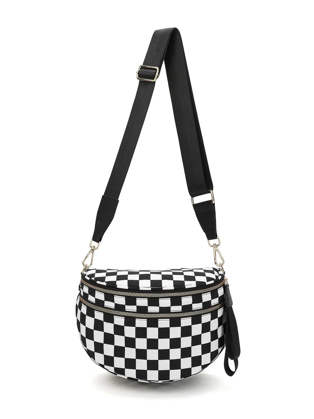 Checked In Oversize Double Zip Checkered Crescent Sling Bag-Women's Accessories-Shop Z & Joxa