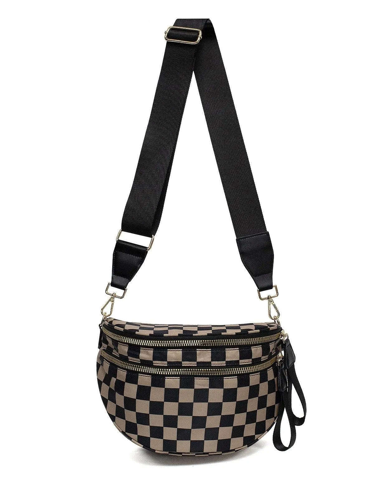 Checked In Oversize Double Zip Checkered Crescent Sling Bag-Women's Accessories-Shop Z & Joxa