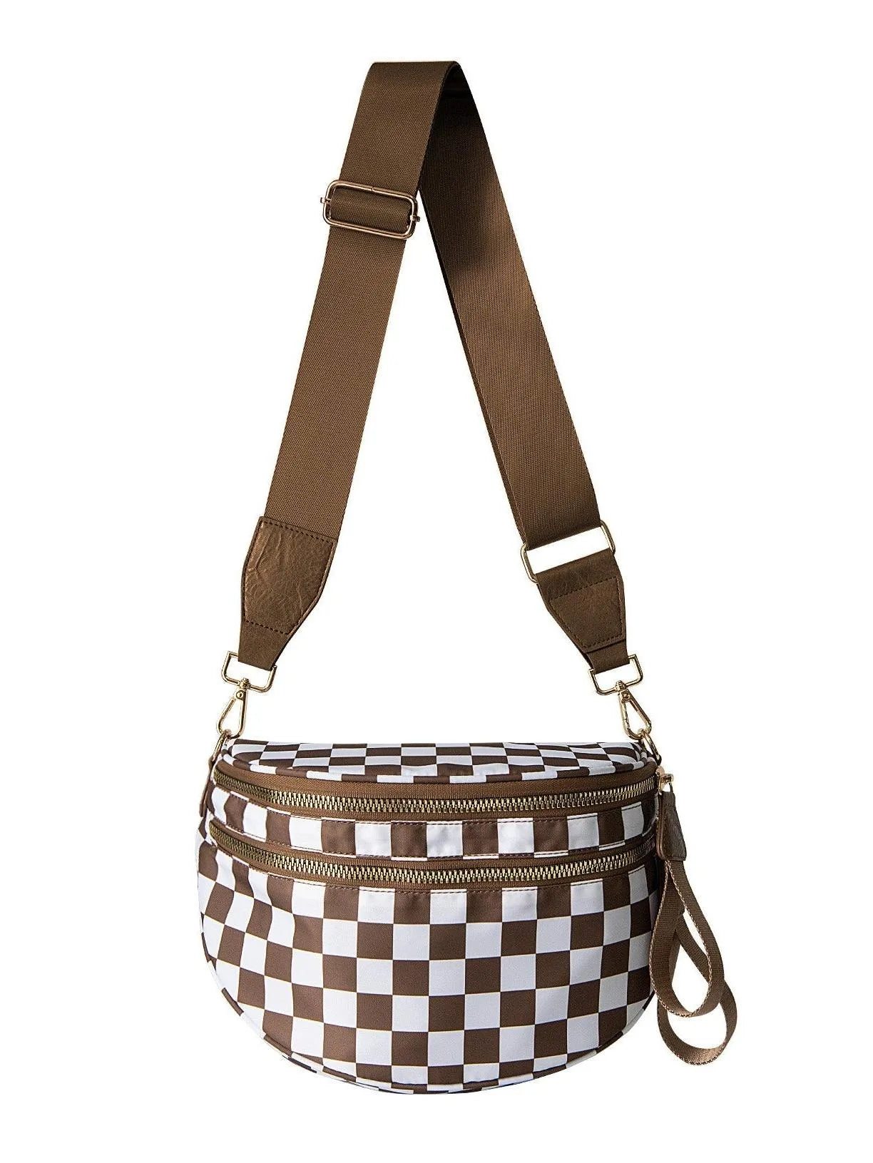 Checked In Oversize Double Zip Checkered Crescent Sling Bag-Women's Accessories-Shop Z & Joxa
