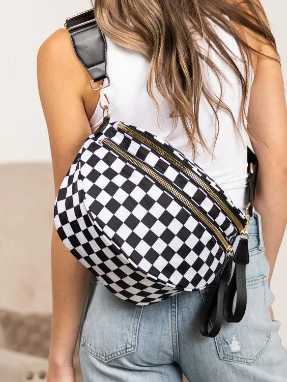 Checked In Oversize Double Zip Checkered Crescent Sling Bag-Women's Accessories-Shop Z & Joxa