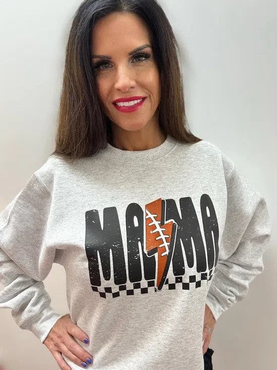 Checkered Mama Football Bolt Crewneck Sweatshirt-Women's Clothing-Shop Z & Joxa