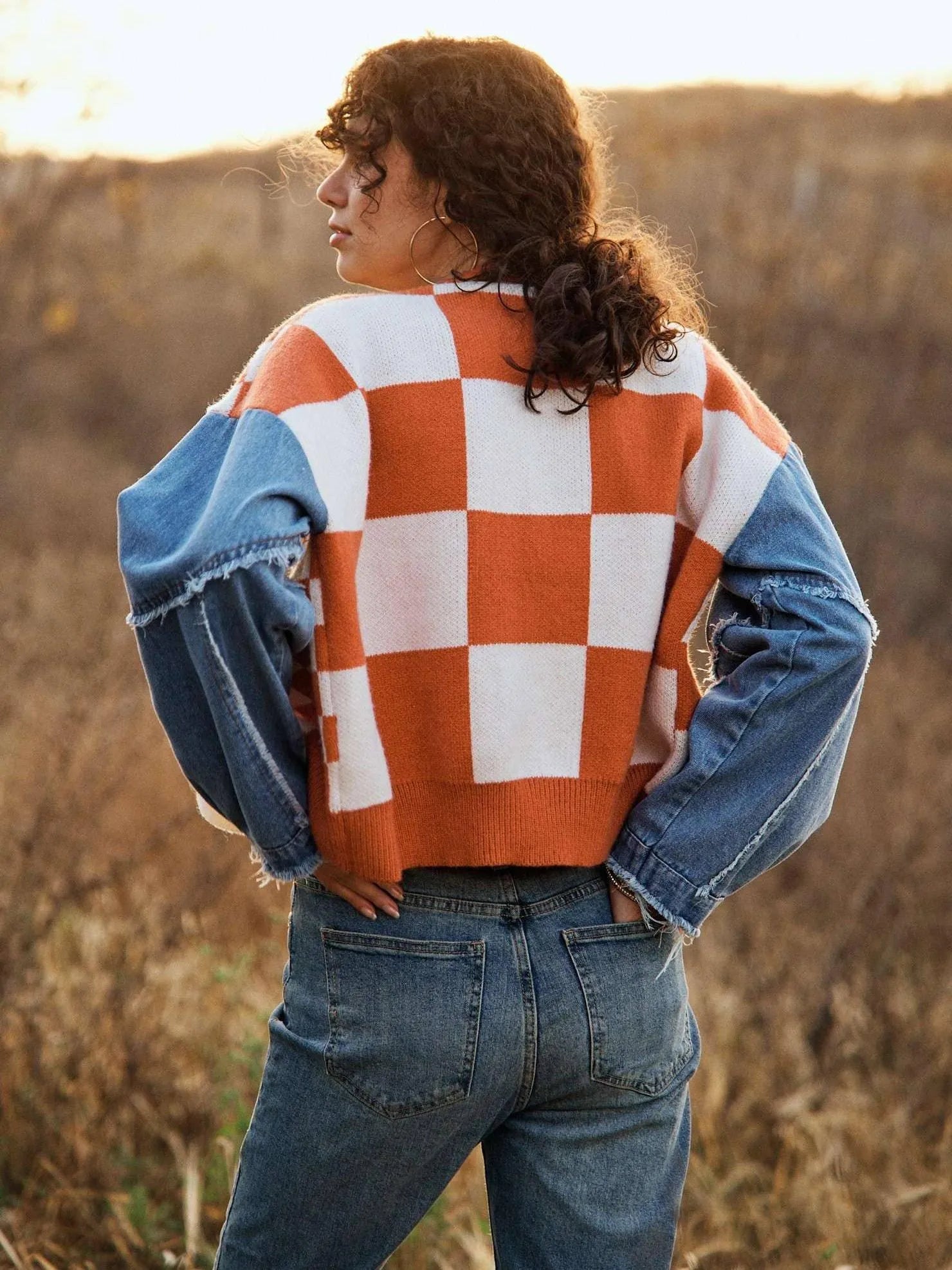 Checkmate Charm Plaid & Denim Sleeve Cardigan-Women's Clothing-Shop Z & Joxa