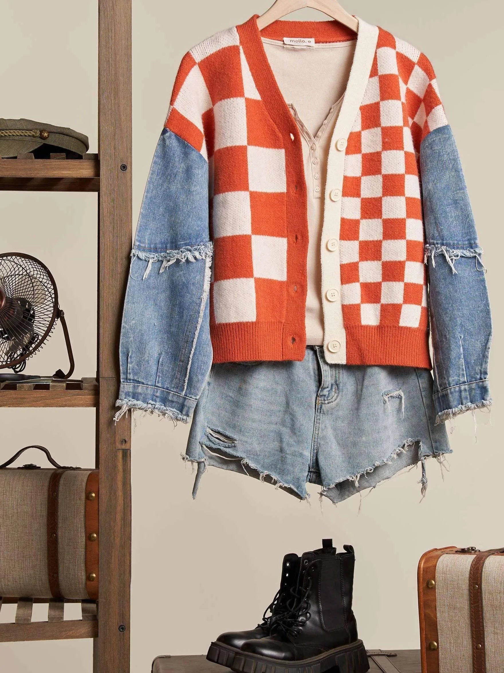 Checkmate Charm Plaid & Denim Sleeve Cardigan-Women's Clothing-Shop Z & Joxa