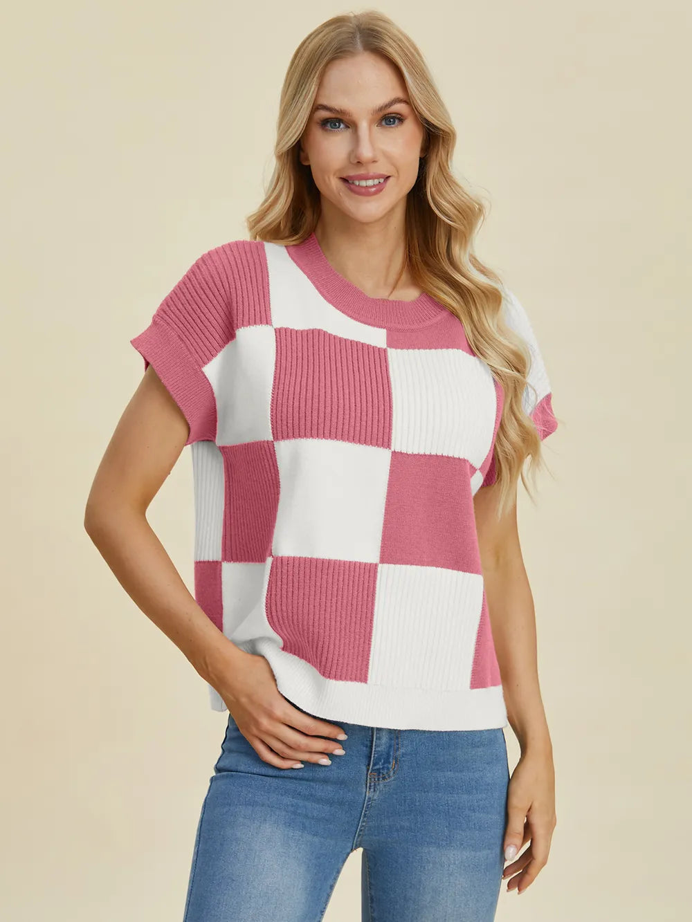 Checkmate Charm Short Sleeve Sweater by Double Take-Women's Shirts & Tops-Shop Z & Joxa