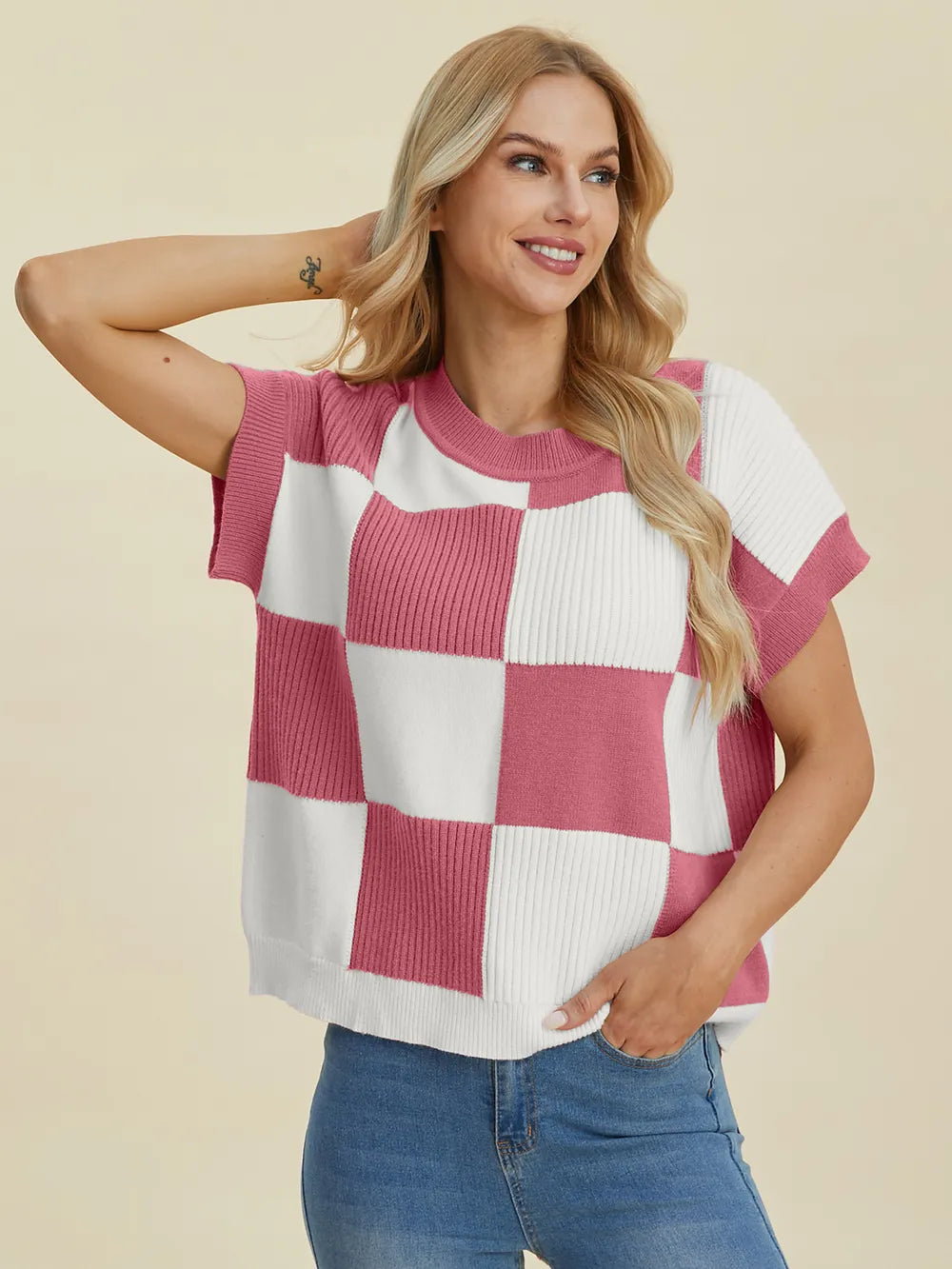 Checkmate Charm Short Sleeve Sweater by Double Take-Women's Shirts & Tops-Shop Z & Joxa