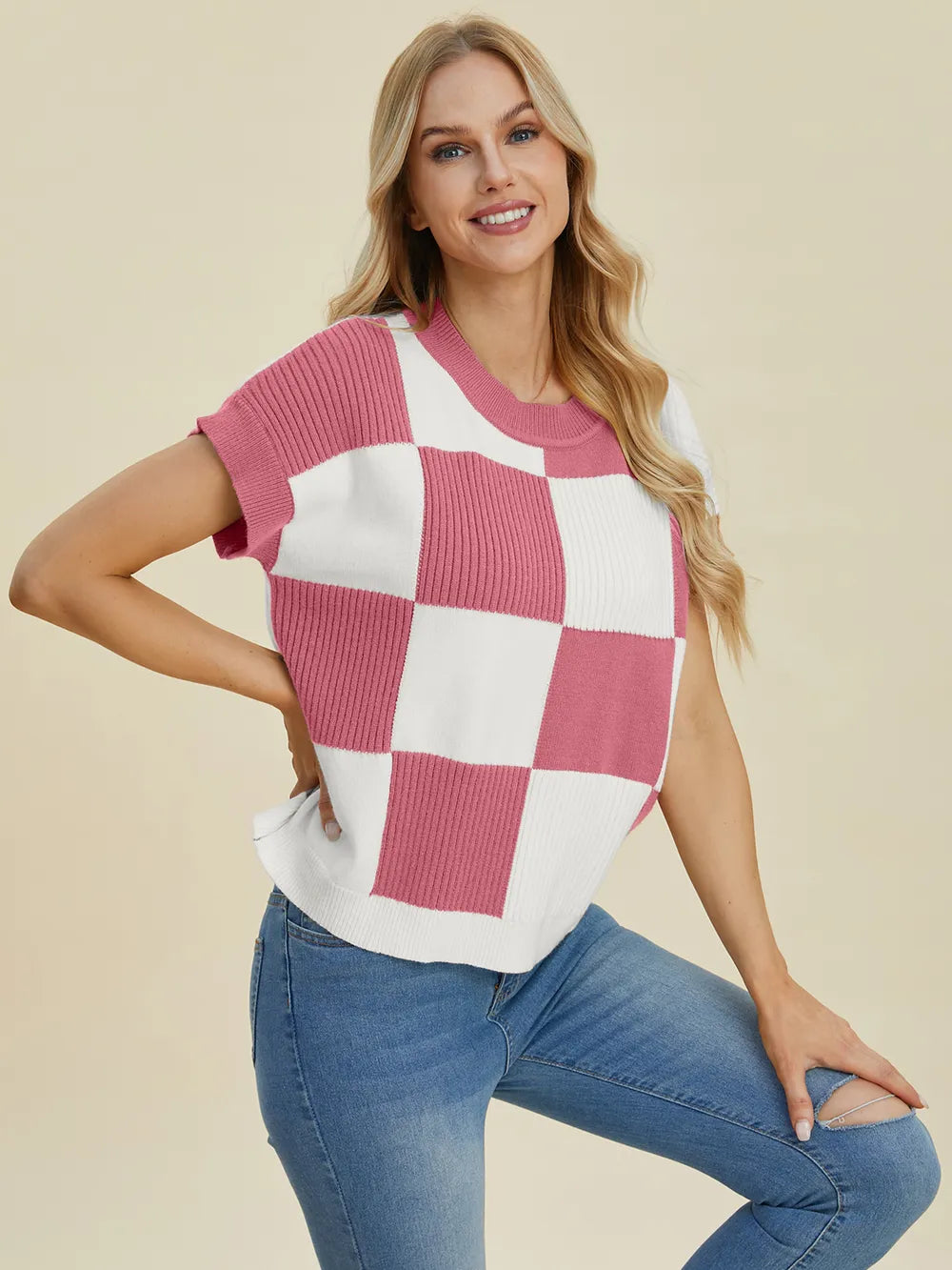 Checkmate Charm Short Sleeve Sweater by Double Take-Women's Shirts & Tops-Shop Z & Joxa