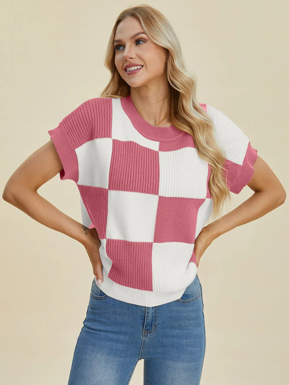 Checkmate Charm Short Sleeve Sweater by Double Take-Women's Shirts & Tops-Shop Z & Joxa