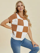 Checkmate Charm Short Sleeve Sweater by Double Take-Women's Shirts & Tops-Shop Z & Joxa