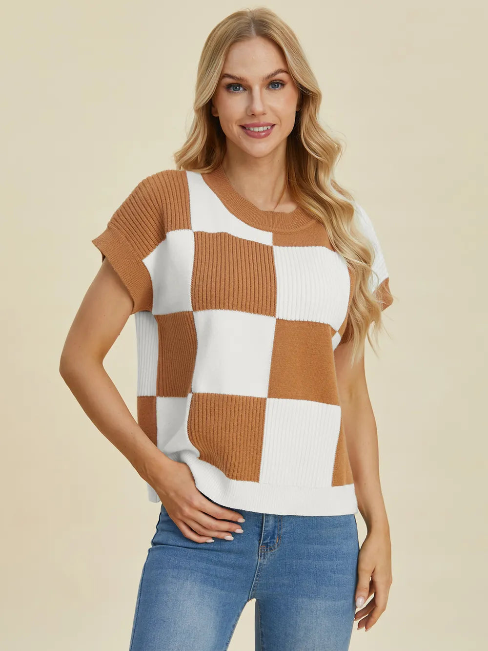 Checkmate Charm Short Sleeve Sweater by Double Take-Women's Shirts & Tops-Shop Z & Joxa