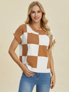 Checkmate Charm Short Sleeve Sweater by Double Take-Women's Shirts & Tops-Shop Z & Joxa