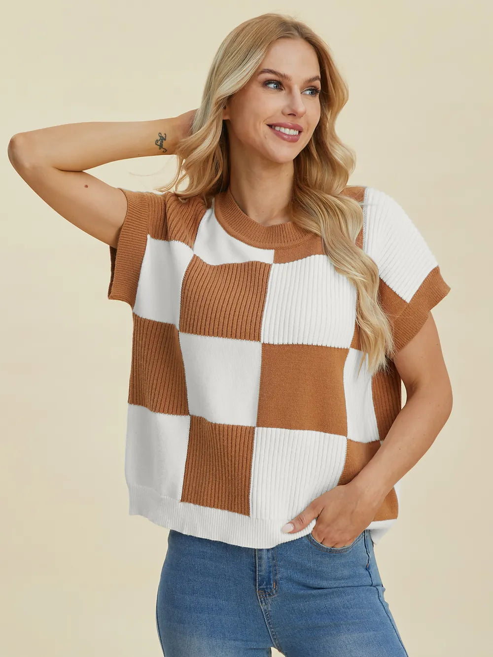 Checkmate Charm Short Sleeve Sweater by Double Take-Women's Shirts & Tops-Shop Z & Joxa