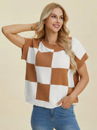Checkmate Charm Short Sleeve Sweater by Double Take-Women's Shirts & Tops-Shop Z & Joxa