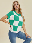 Checkmate Charm Short Sleeve Sweater by Double Take-Women's Shirts & Tops-Shop Z & Joxa