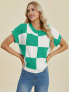 Checkmate Charm Short Sleeve Sweater by Double Take-Women's Shirts & Tops-Shop Z & Joxa
