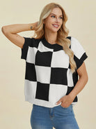 Checkmate Charm Short Sleeve Sweater by Double Take-Women's Shirts & Tops-Shop Z & Joxa