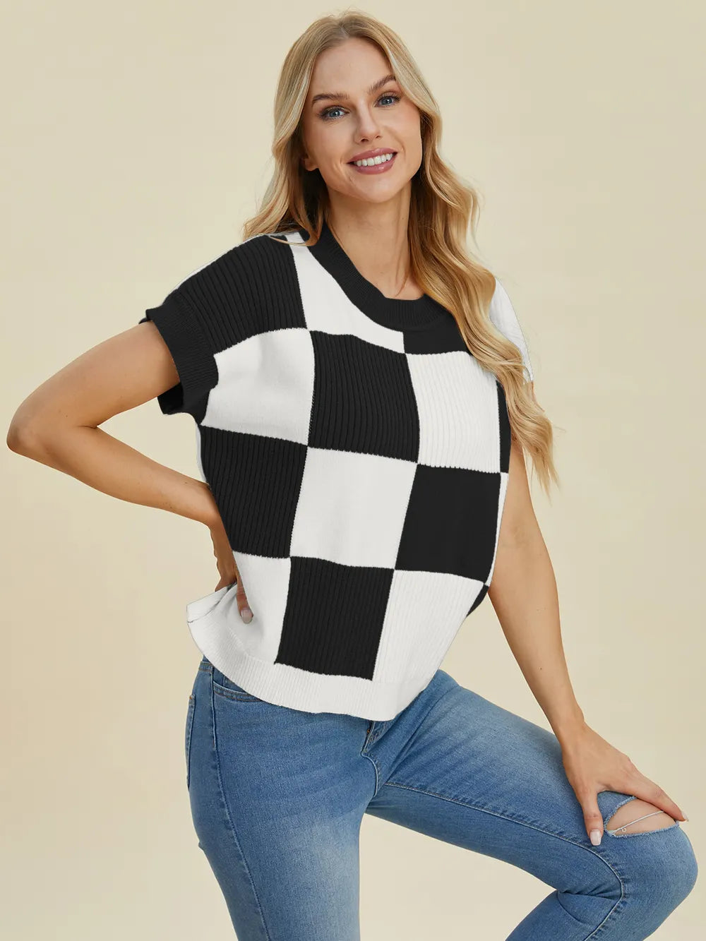 Checkmate Charm Short Sleeve Sweater by Double Take-Women's Shirts & Tops-Shop Z & Joxa
