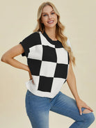 Checkmate Charm Short Sleeve Sweater by Double Take-Women's Shirts & Tops-Shop Z & Joxa