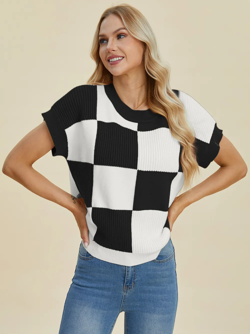 Checkmate Charm Short Sleeve Sweater by Double Take-Women's Shirts & Tops-Shop Z & Joxa