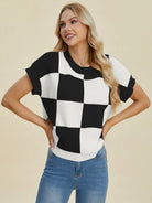 Checkmate Charm Short Sleeve Sweater by Double Take-Women's Shirts & Tops-Shop Z & Joxa