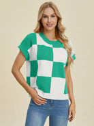 Checkmate Charm Short Sleeve Sweater by Double Take-Women's Shirts & Tops-Shop Z & Joxa