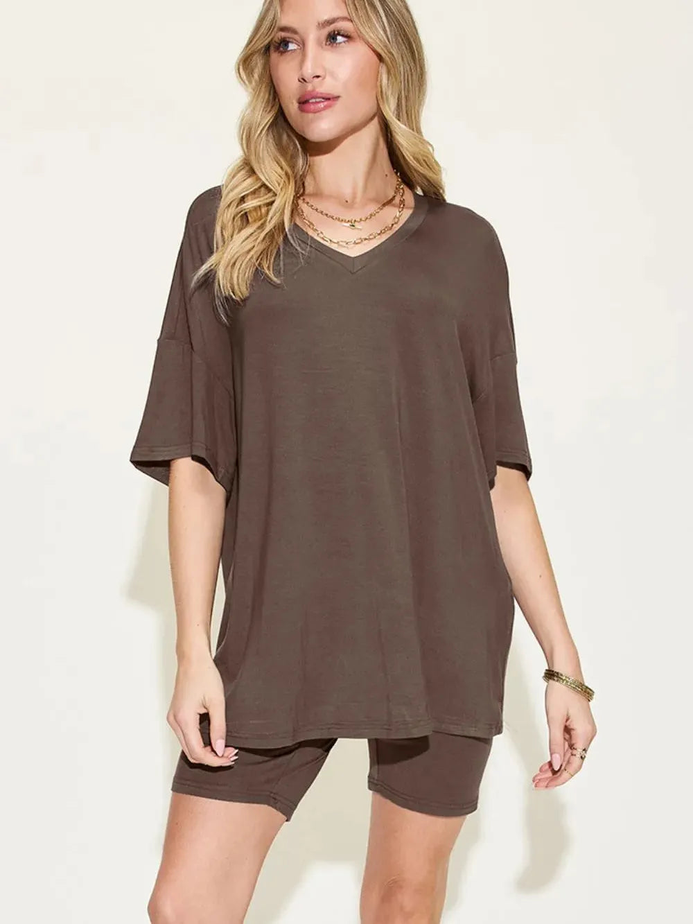 Chill Mode V-Neck Tee + Shorts Lounge Set by Basic Bae-Women's Sets-Shop Z & Joxa