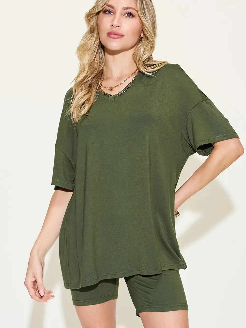 Chill Mode V-Neck Tee + Shorts Lounge Set by Basic Bae-Women's Sets-Shop Z & Joxa