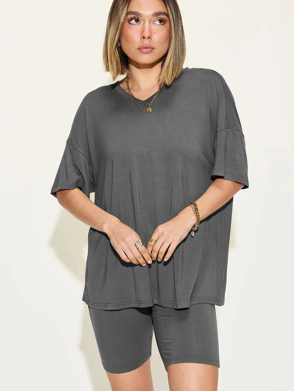 Chill Mode V-Neck Tee + Shorts Lounge Set by Basic Bae-Women's Sets-Shop Z & Joxa