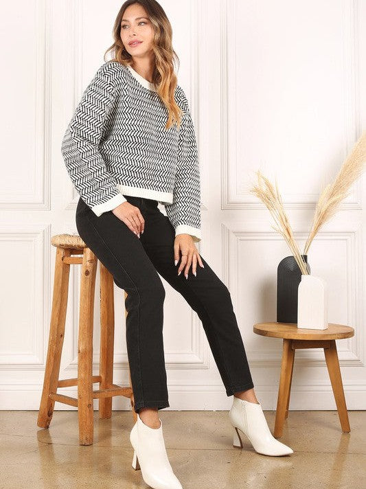 Chilling in Art Herringbone Crew Neck Sweater-Women's Clothing-Shop Z & Joxa