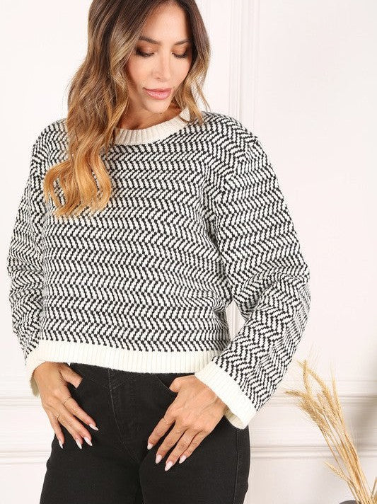 Chilling in Art Herringbone Crew Neck Sweater-Women's Clothing-Shop Z & Joxa
