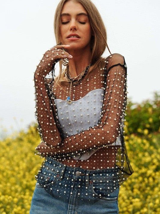 Cinderella Style Pearl Embellished Long Sleeve Mesh Top-Women's Clothing-Shop Z & Joxa