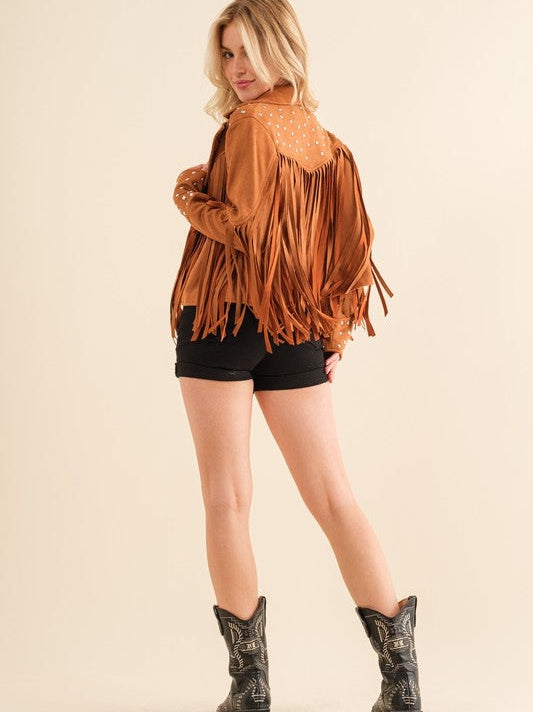 City Girl, Western Fringe Studded Suede Jacket-Women's Clothing-Shop Z & Joxa