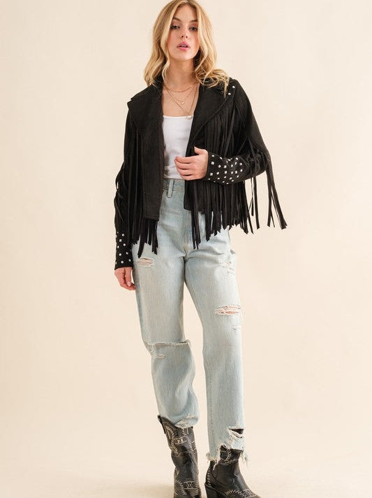 City Girl, Western Fringe Studded Suede Jacket-Women's Clothing-Shop Z & Joxa