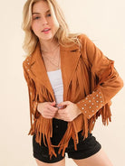 City Girl, Western Fringe Studded Suede Jacket in Camel-Women's Outerwear-Shop Z & Joxa