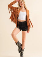 City Girl, Western Fringe Studded Suede Jacket in Camel-Women's Outerwear-Shop Z & Joxa