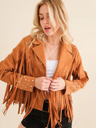 City Girl, Western Fringe Studded Suede Jacket in Camel-Women's Outerwear-Shop Z & Joxa